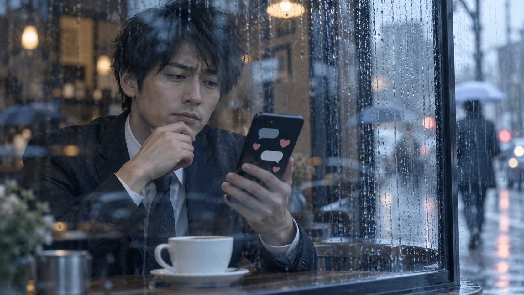 雨の窓越しにスマホを見て疑う表情のスーツ姿の男性