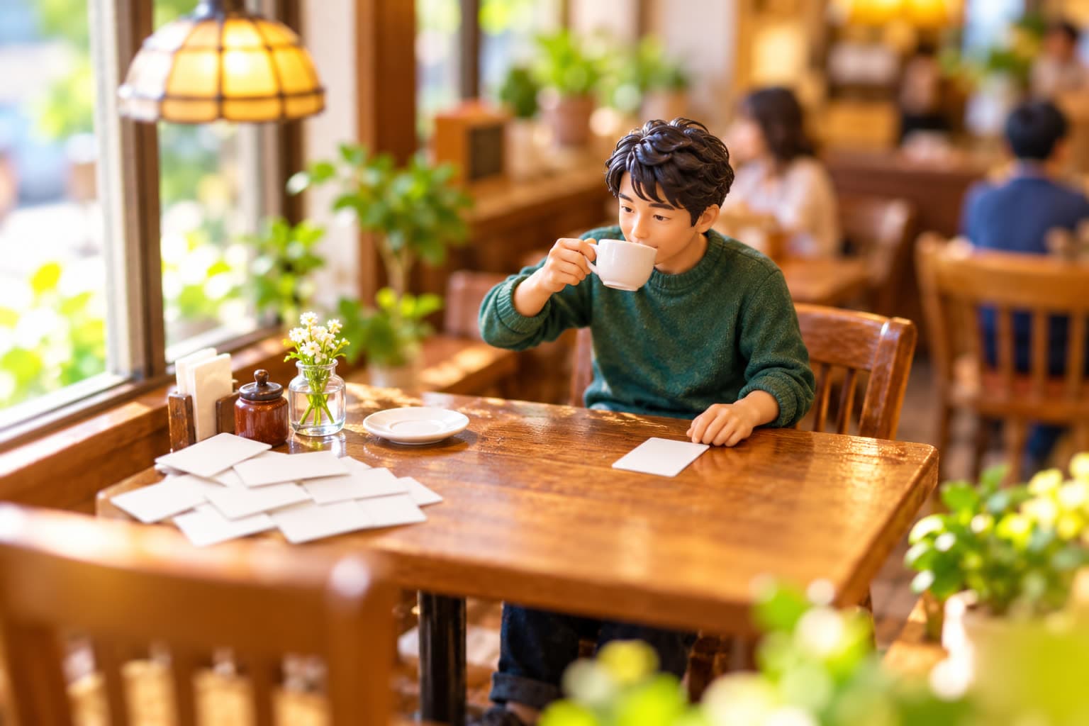 カードを一枚選び、お茶を楽しむ男性