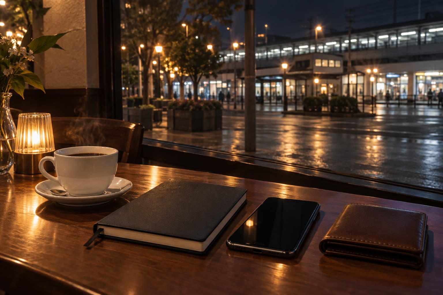 夜の駅前を望む卓上の手帳とスマホ